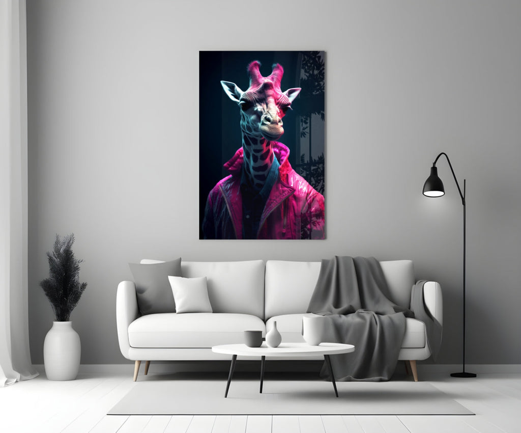 Neon Pink Jacket Giraffe Glass Wall Art