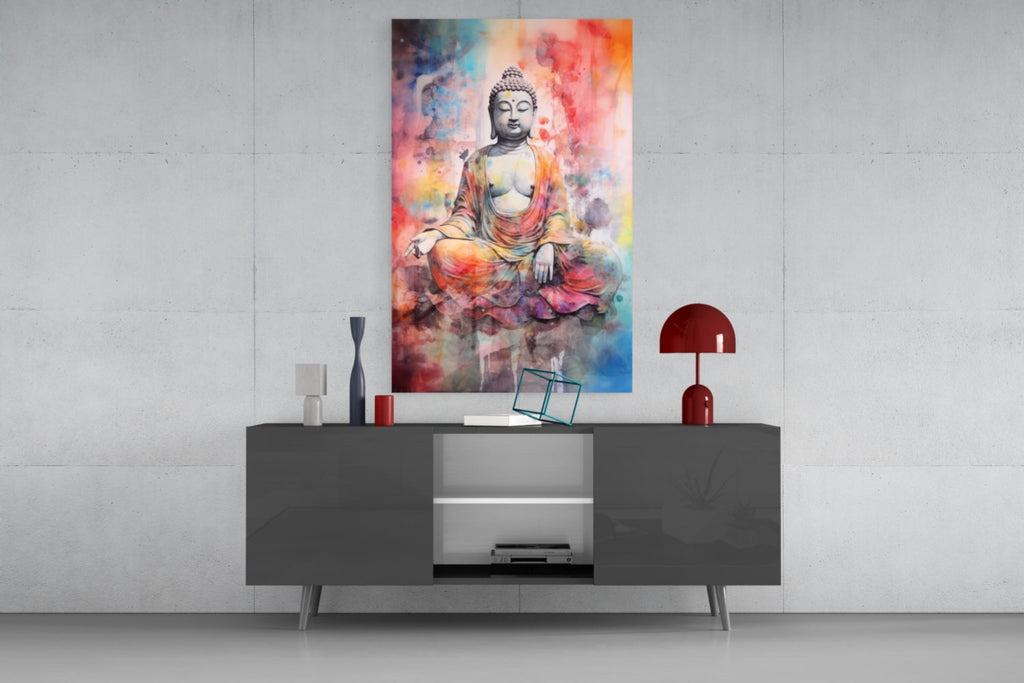 Watercolor Splash Meditating Buddha Glass Wall Art