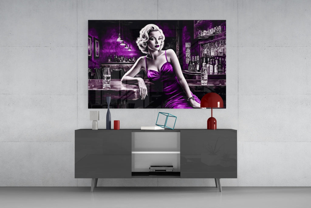 Violet Satin Blonde at Bar Glass Wall Art