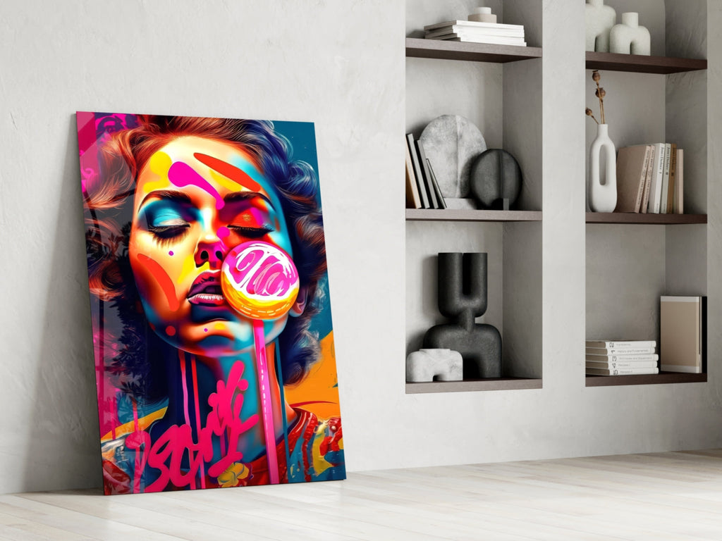 Dripping Pink Lollipop Graffiti Woman Glass Wall Art
