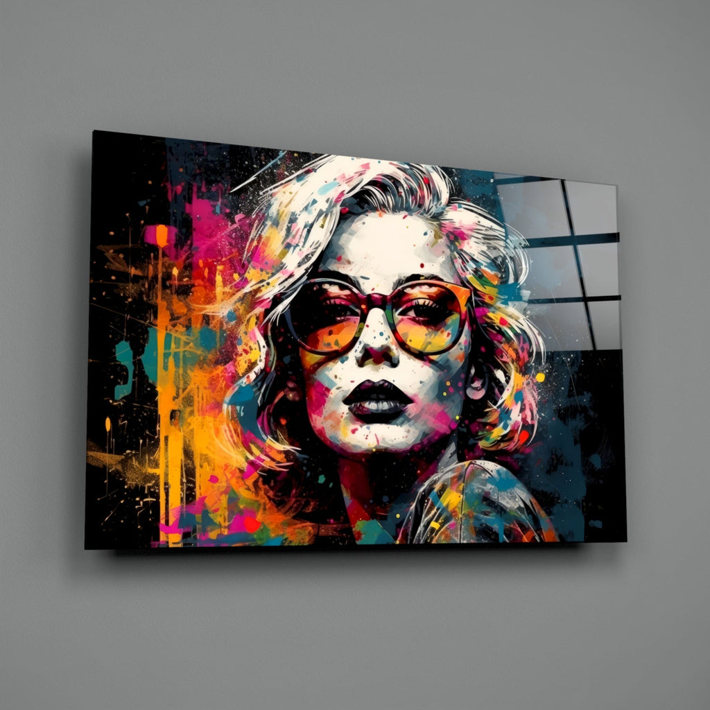 Dark Navy Backdrop Red Glasses Woman Glass Wall Art
