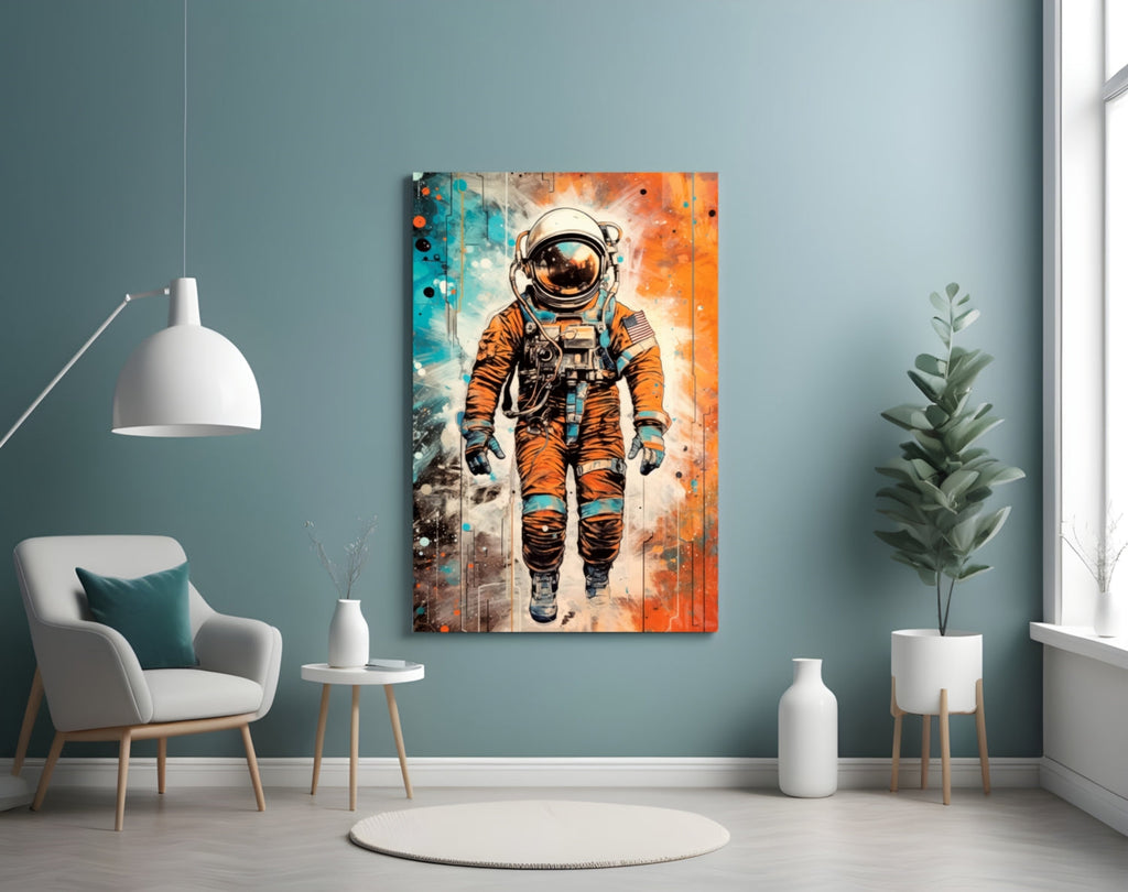 Comic Orange Astronaut Glass Wall Art