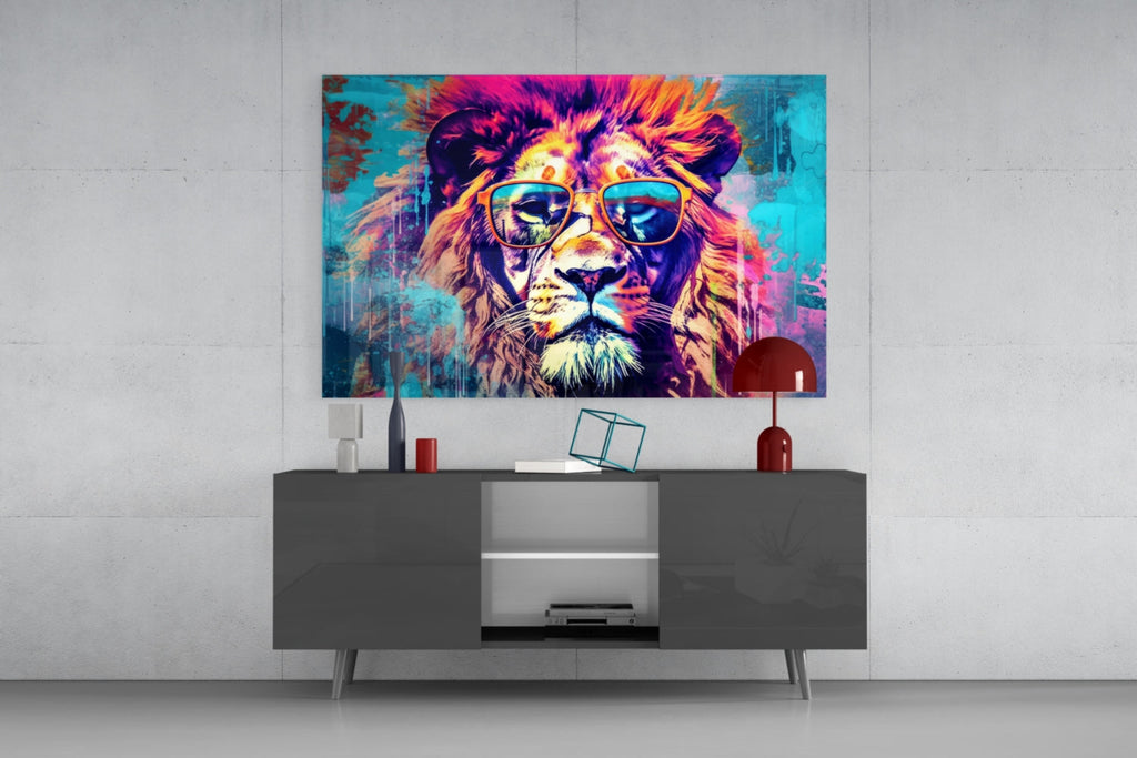 Gold Frame Turquoise Lion Glass Wall Art