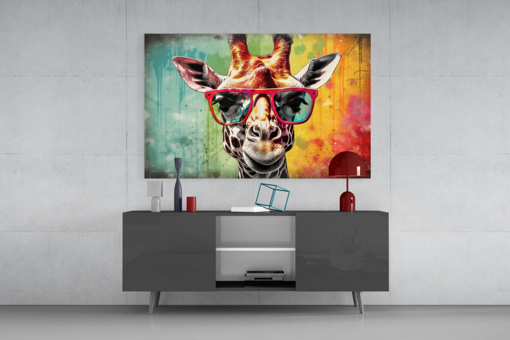 Rainbow Drip Giraffe Red Shades Glass Wall Art