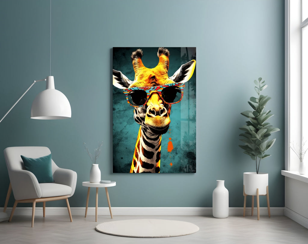 Paisley Shades Giraffe Dark Teal Glass Wall Art