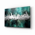 Teal Reflected City Skyline Glass Wall Art