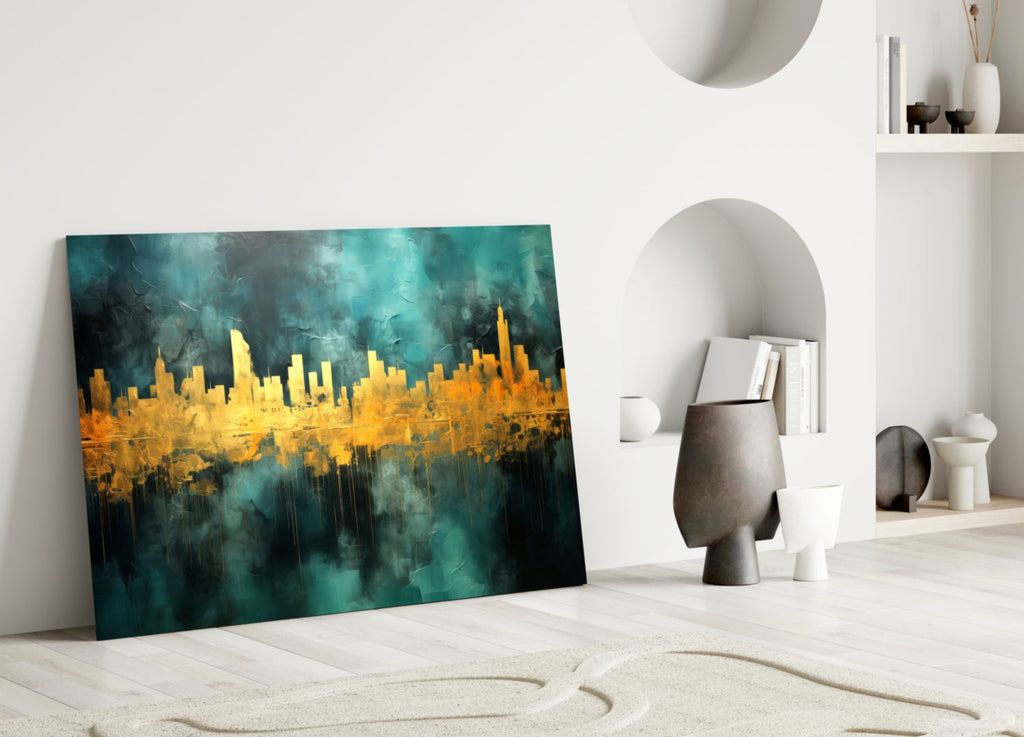 Gold Reflected Skyline Teal Glass Wall Art
