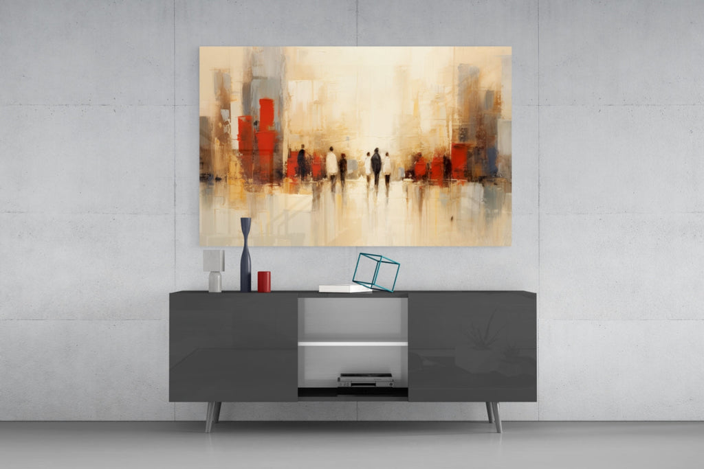 Beige Cityscape Walking Figures Glass Wall Art