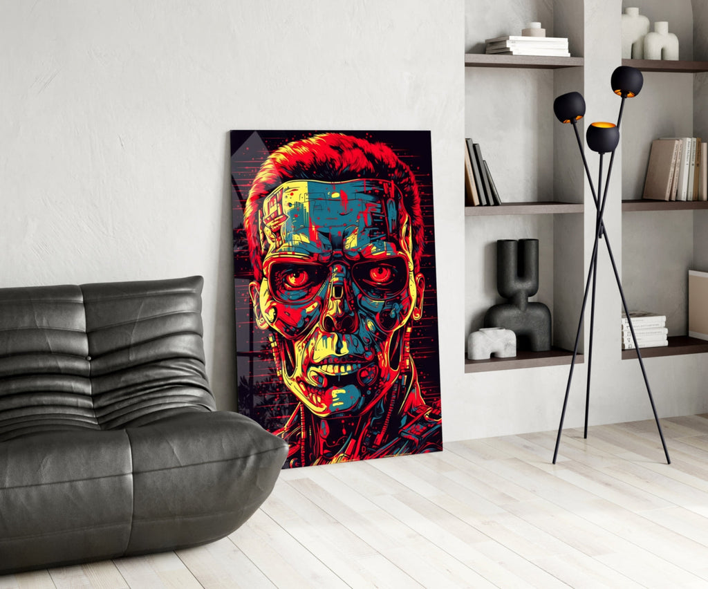 Red And Yellow Pop Cyborg Face Glass Wall Art