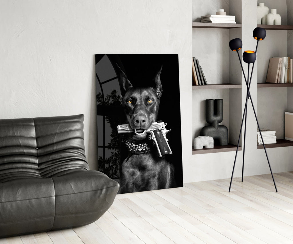 Doberman Holding Silver Pistol Glass Wall Art