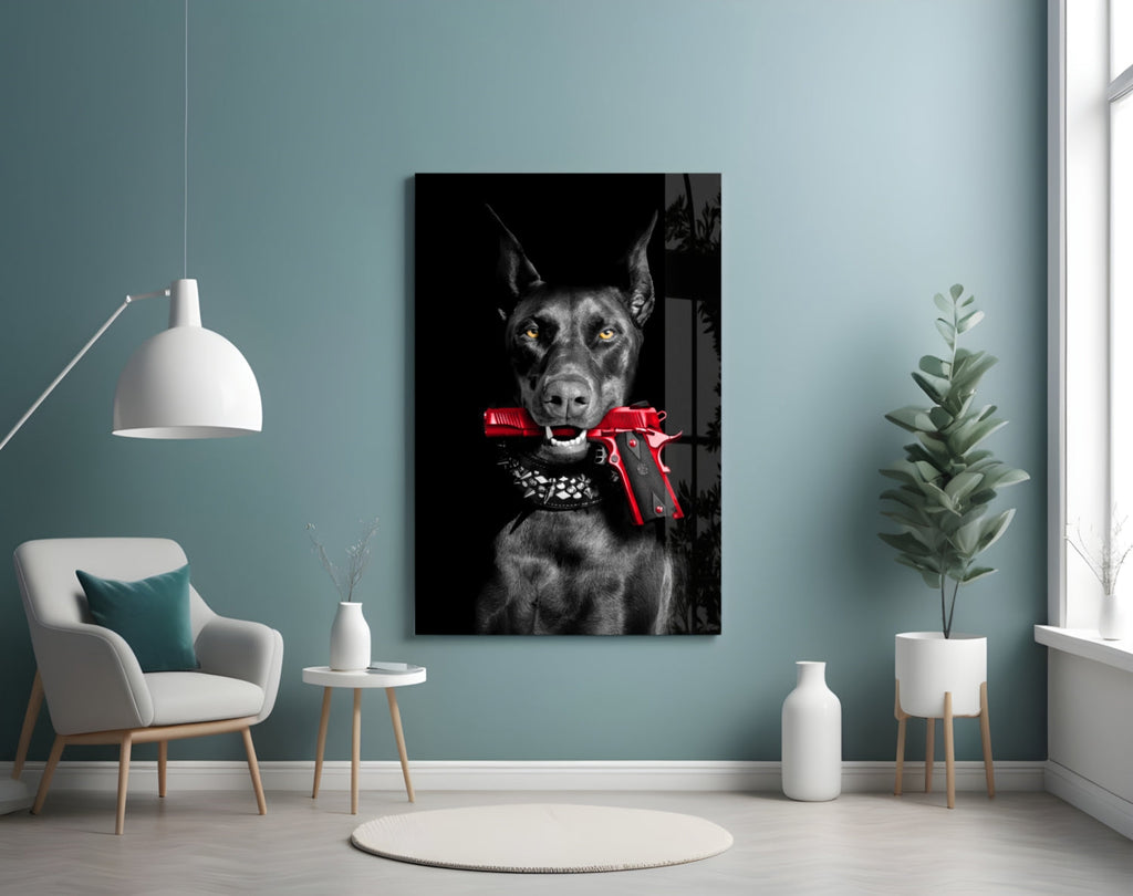 Doberman Holding Red Pistol Glass Wall Art