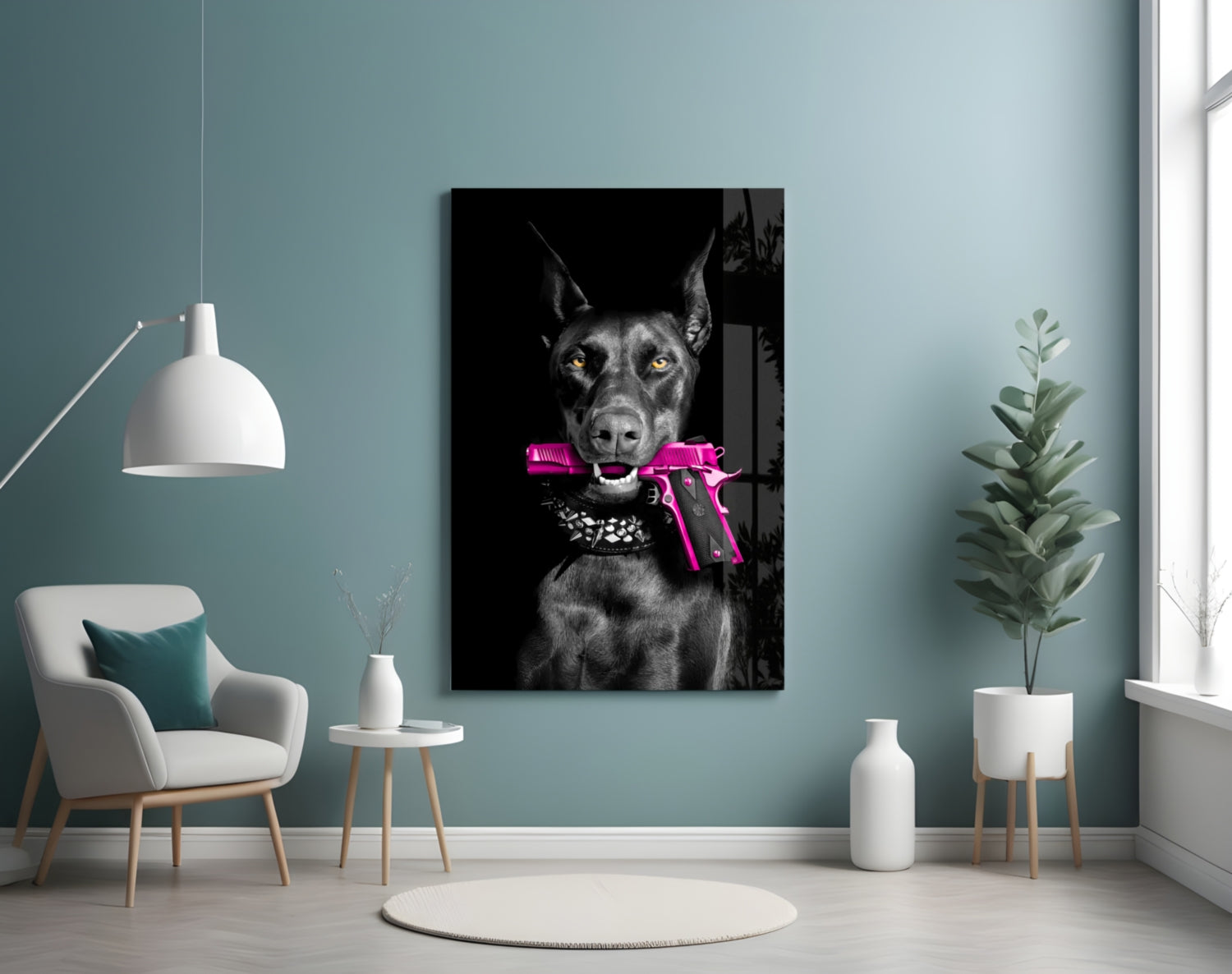 Doberman Holding Pink Pistol Glass Wall Art