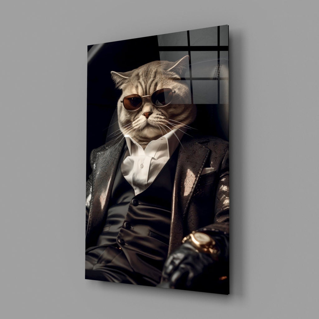 Sunglasses Cat In Black Suit Glass Wall Art