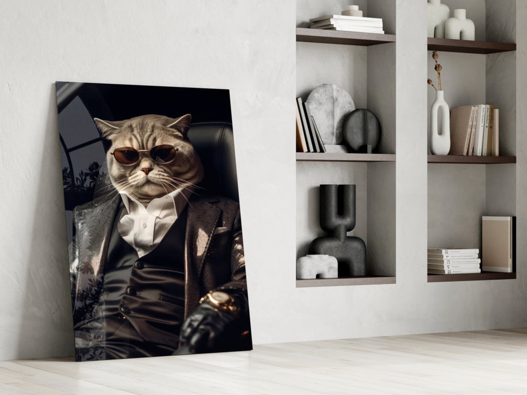Sunglasses Cat In Black Suit Glass Wall Art