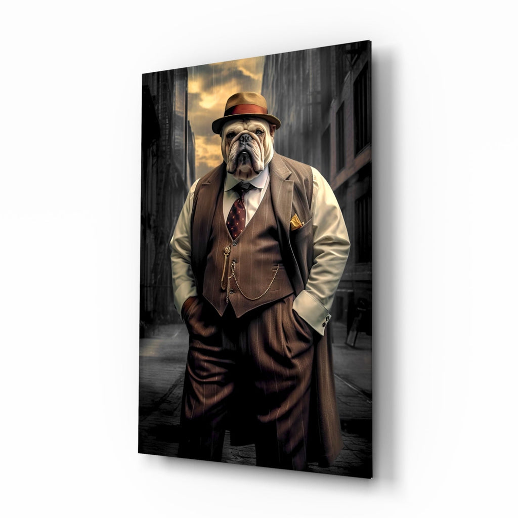 Bulldog In Brown Suit And Fedora Glass Wall Art