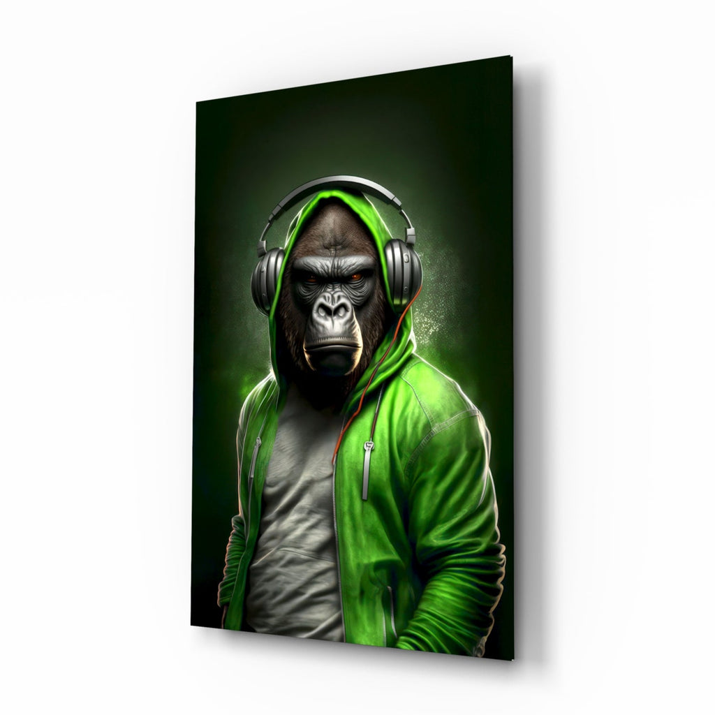 Gorilla in Lime Green Hoodie Headphones Glass Wall Art