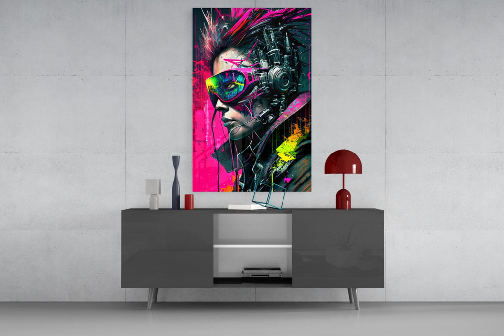 Cyber Woman in Neon Pink Visor Glass Wall Art