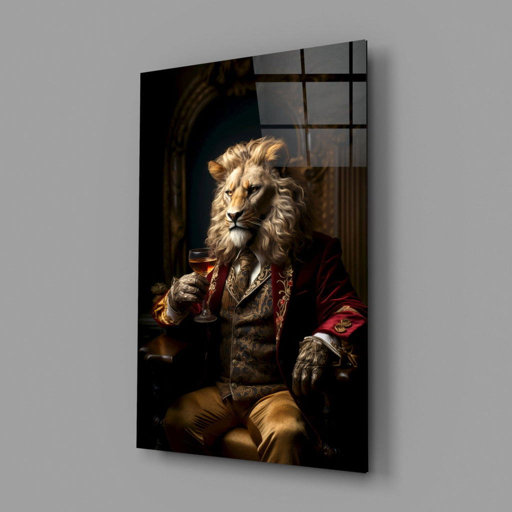 Regal Lion in Red Coat Glass Wall Art