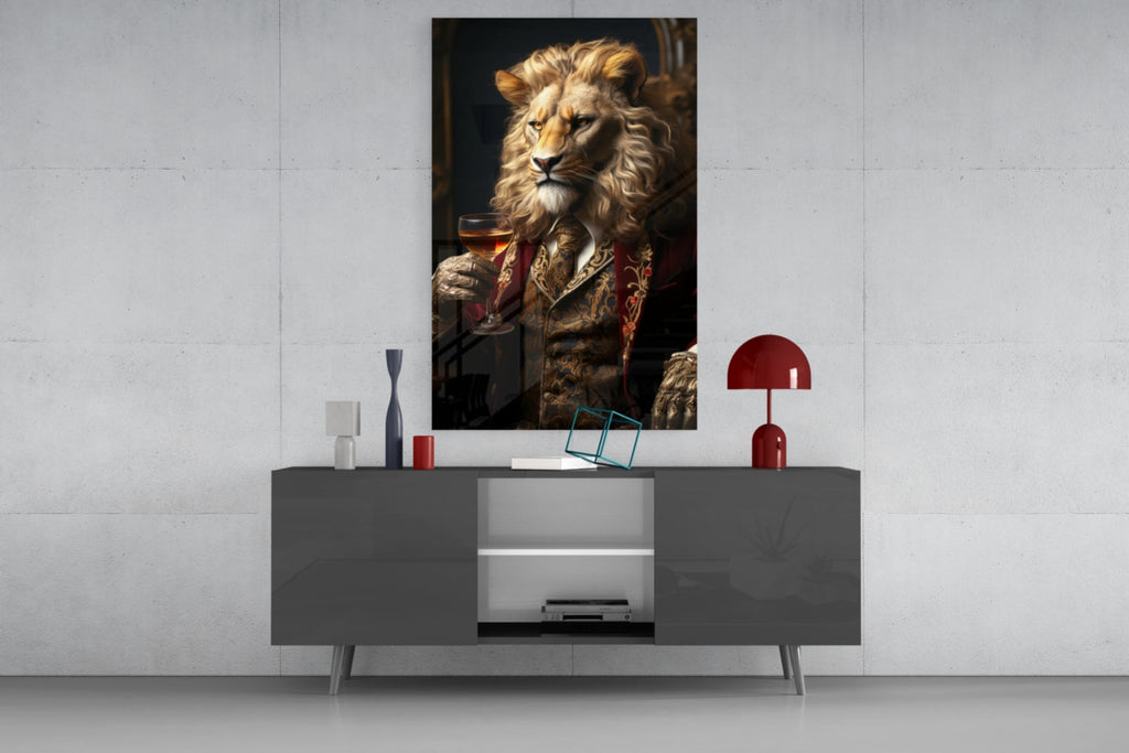 Lion in Crimson Military Coat Glass Wall Art