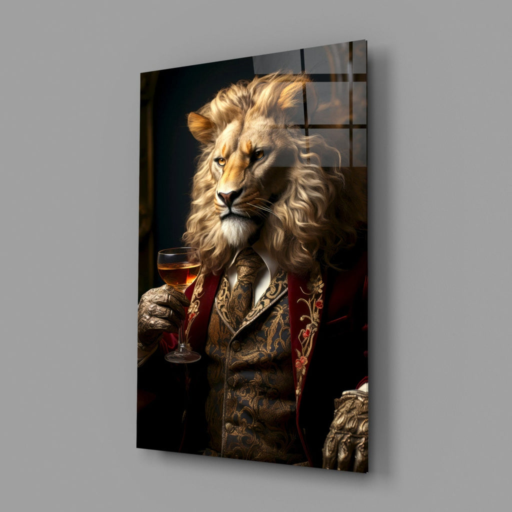 Lion in Crimson Military Coat Glass Wall Art