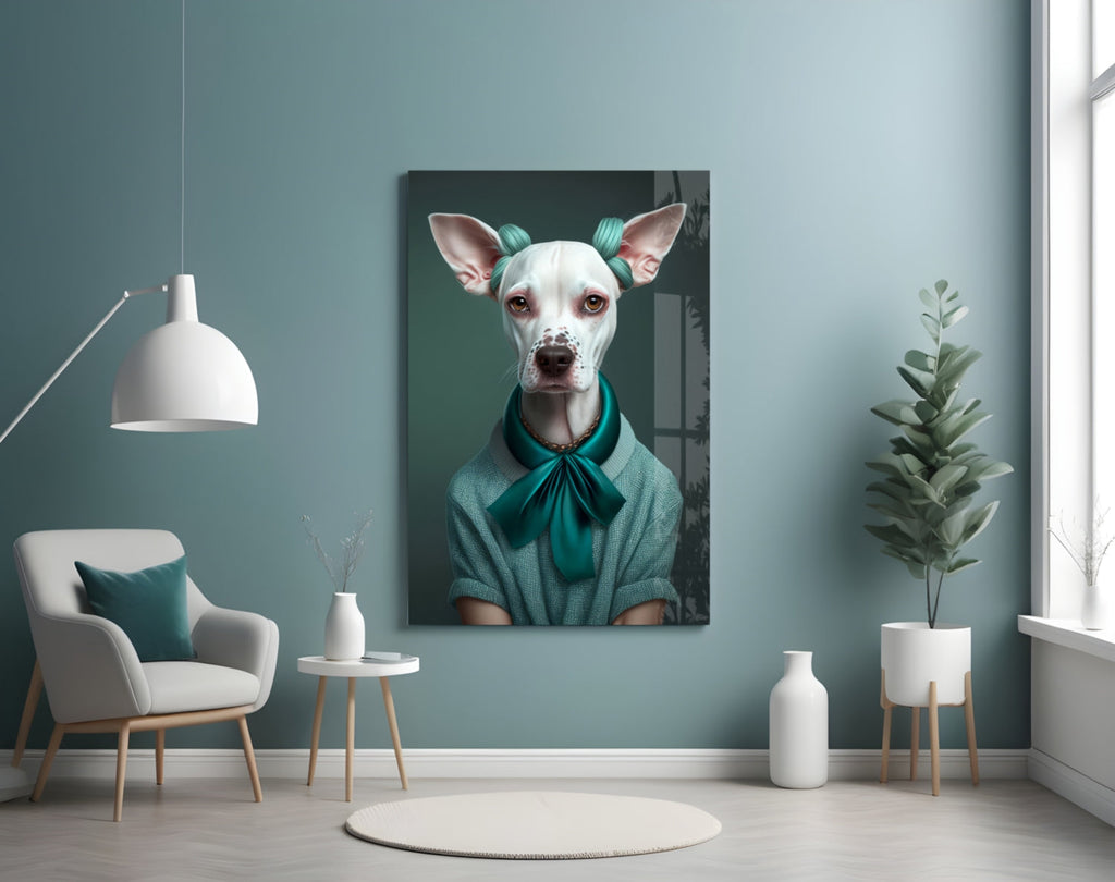 White Dog in Teal Bow Hair Rollers Glass Wall Art