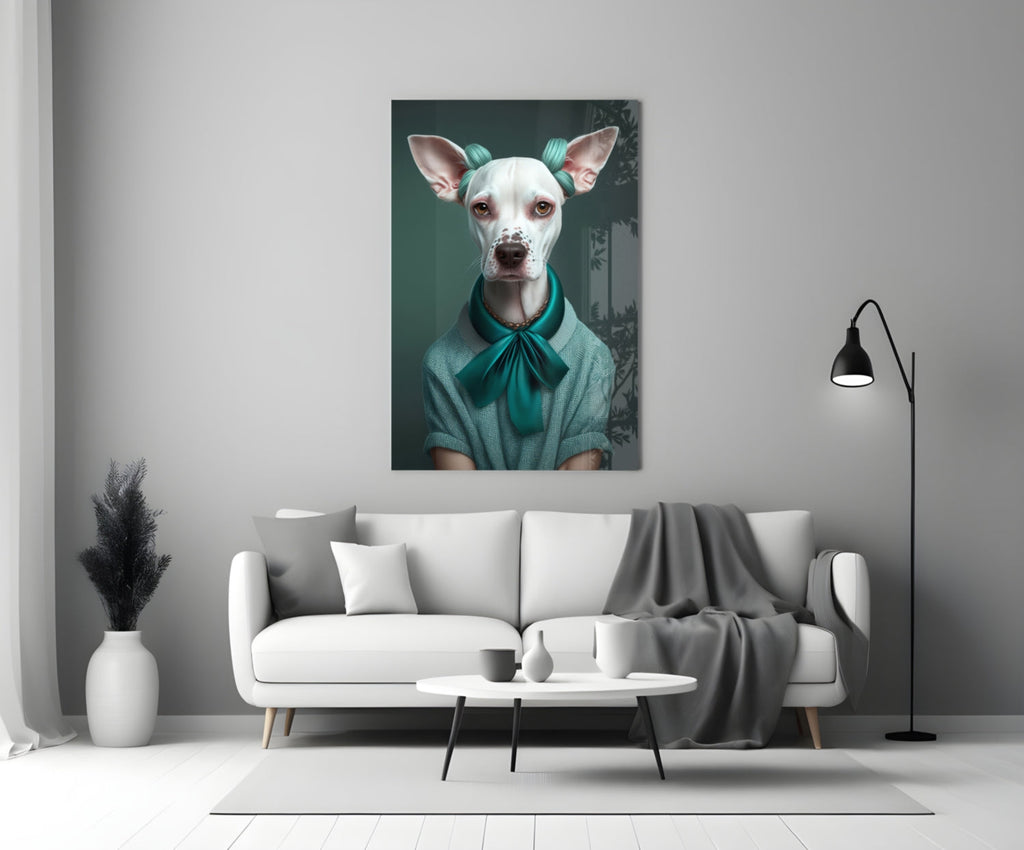 White Dog in Teal Bow Hair Rollers Glass Wall Art