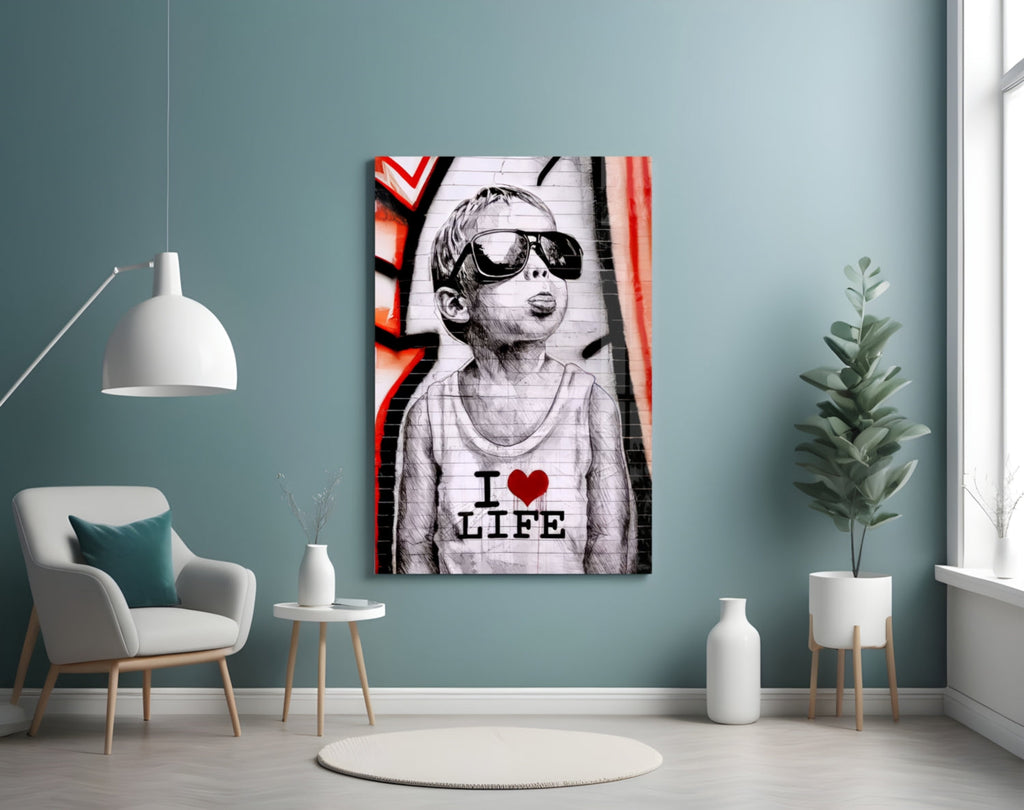 Red Graffiti Sunglasses Boy Glass Wall Art