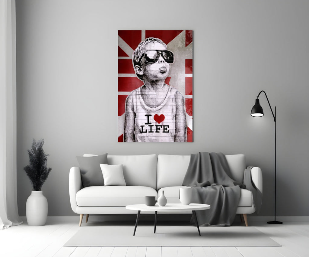 Red Union Jack Sunglasses Boy Glass Wall Art