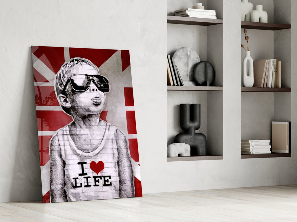 Red Union Jack Sunglasses Boy Glass Wall Art