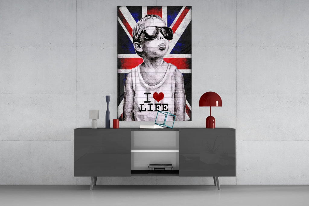Union Jack Sunglasses Boy Glass Wall Art