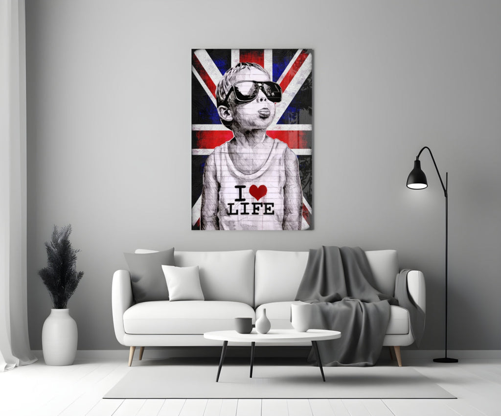 Union Jack Sunglasses Boy Glass Wall Art