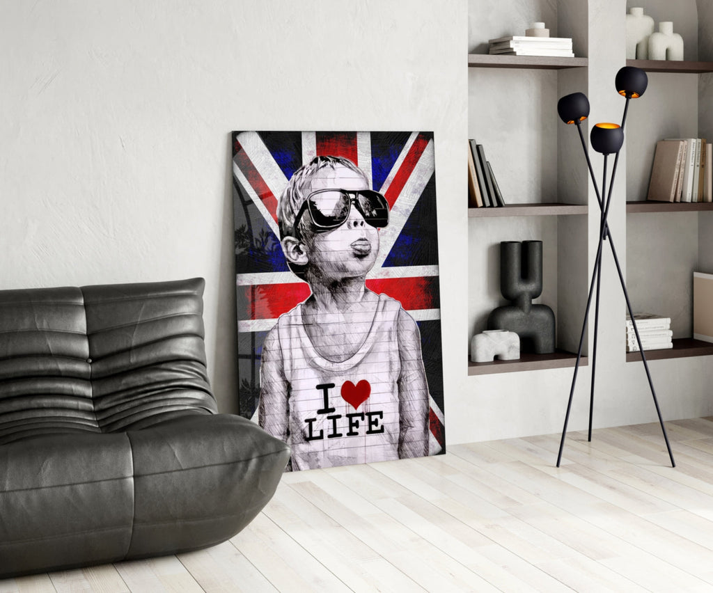 Union Jack Sunglasses Boy Glass Wall Art