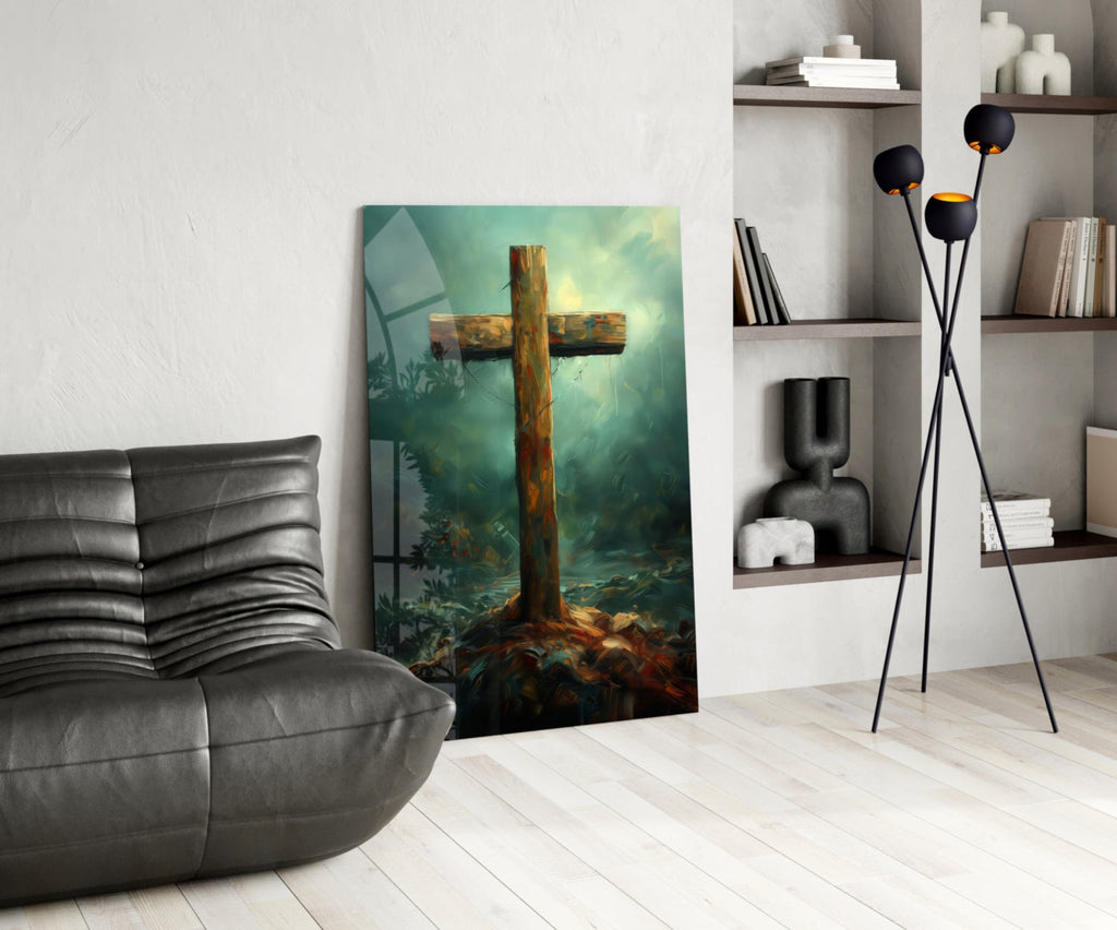 Rustic Wooden Cross In Teal Mist Glass Wall Art