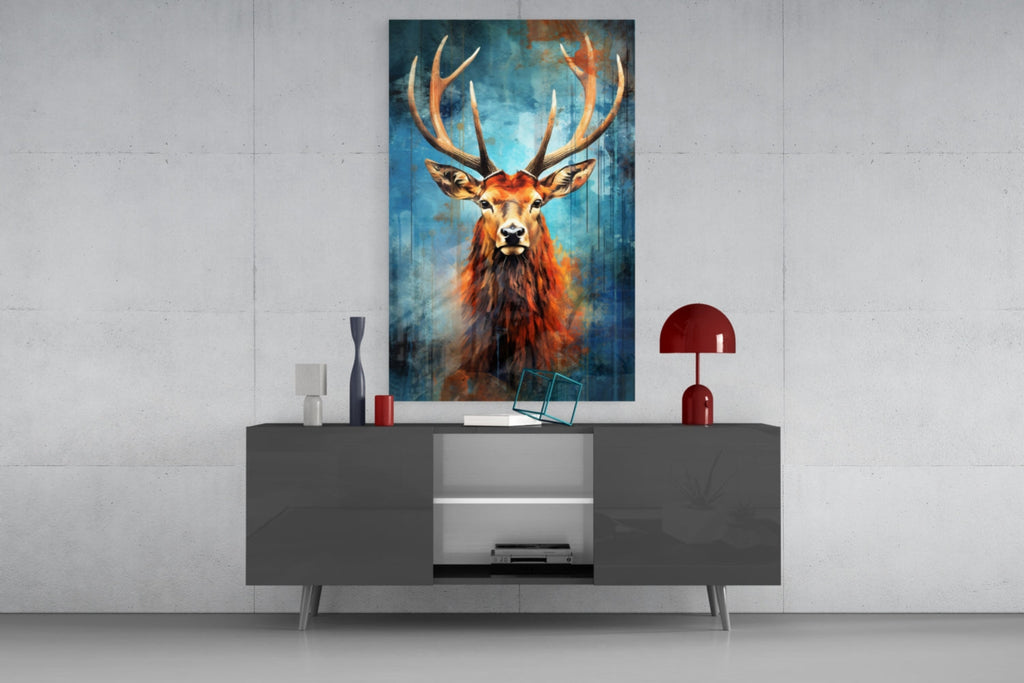 Red Stag Antlers Teal Watercolor Glass Wall Art