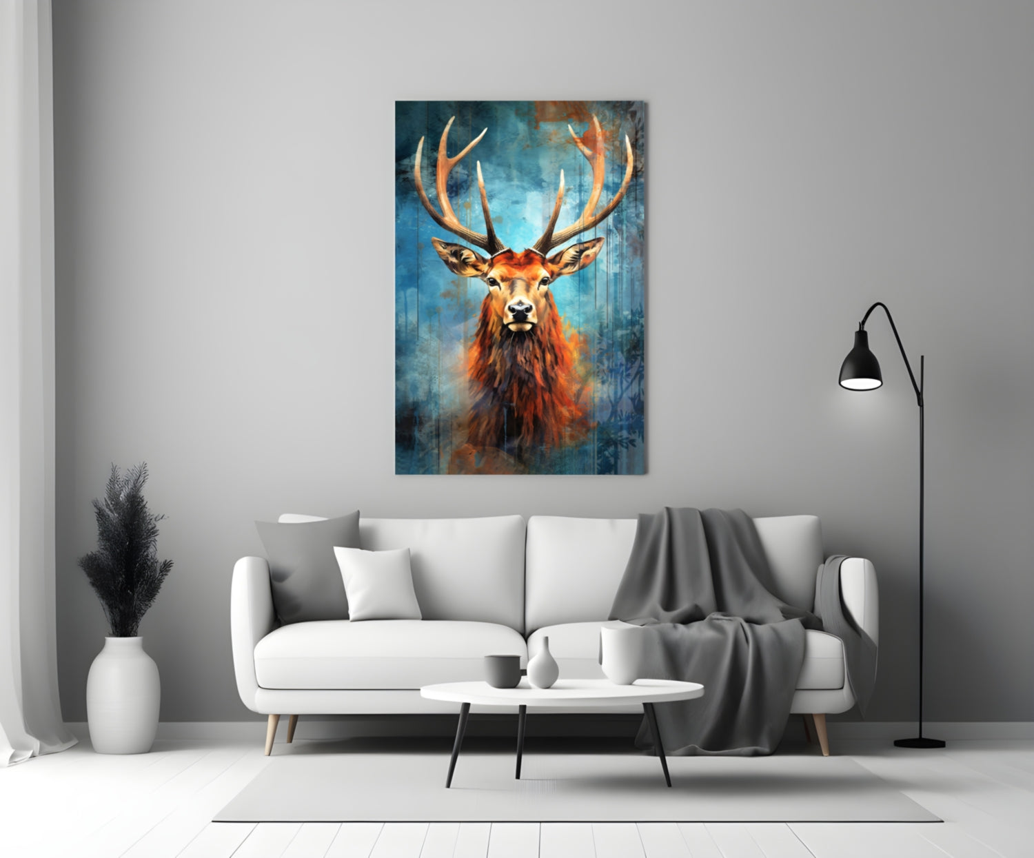 Red Stag Antlers Teal Watercolor Glass Wall Art
