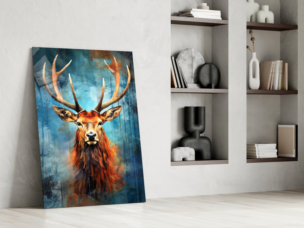 Red Stag Antlers Teal Watercolor Glass Wall Art