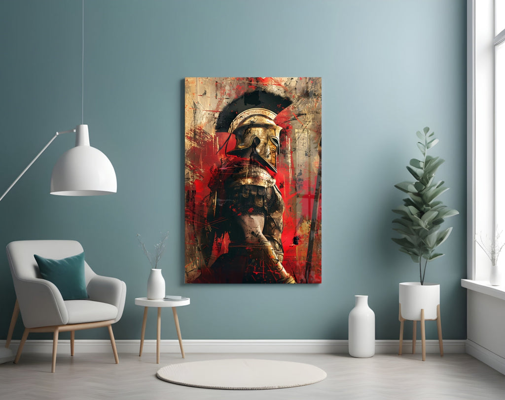 Crimson Splatter Gladiator Glass Wall Art
