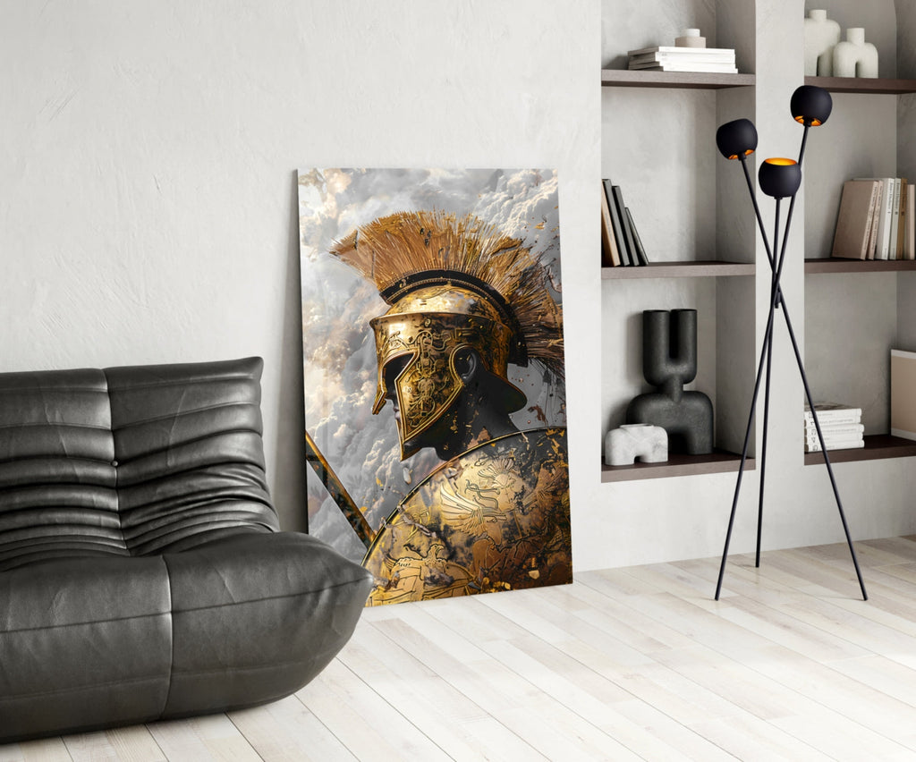 Golden Spartan Helmet Clouds Glass Wall Art