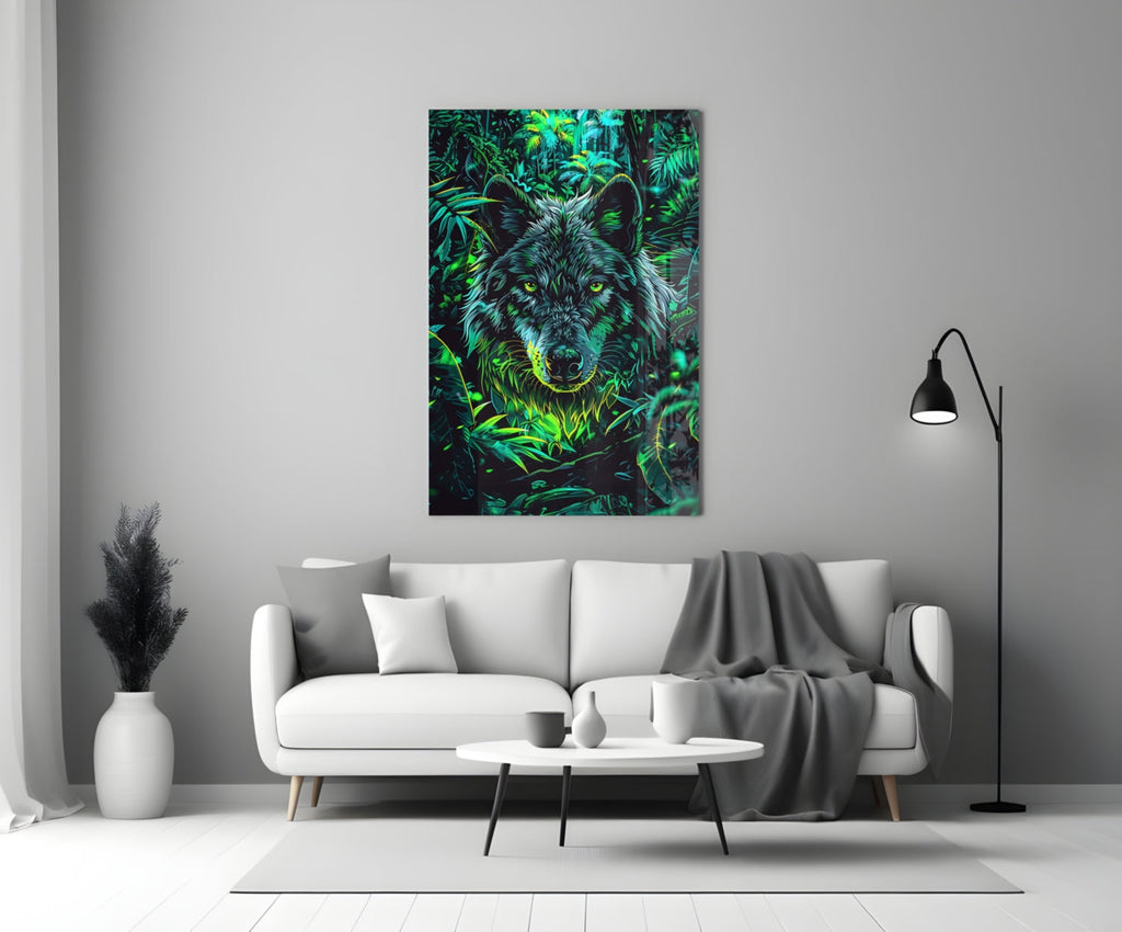 Tropical Foliage Portrait Wolf Glass Wall Art