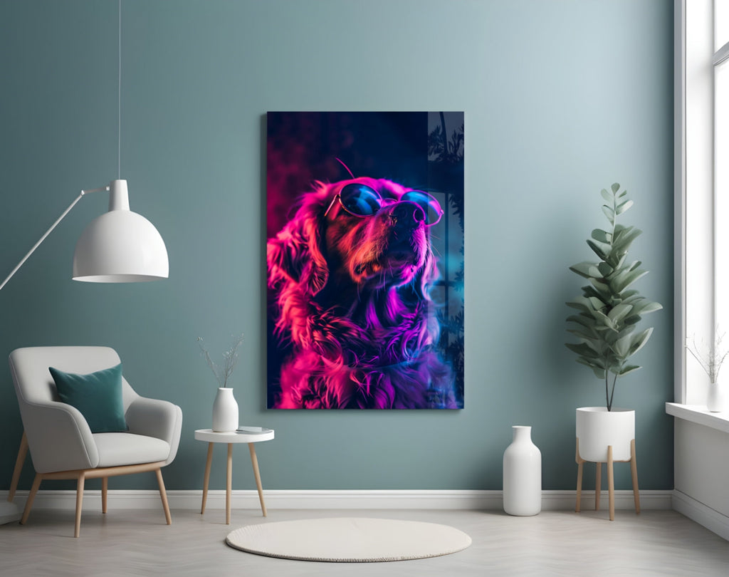 Magenta Glow Retriever Dog with Glasses Glass Wall Art