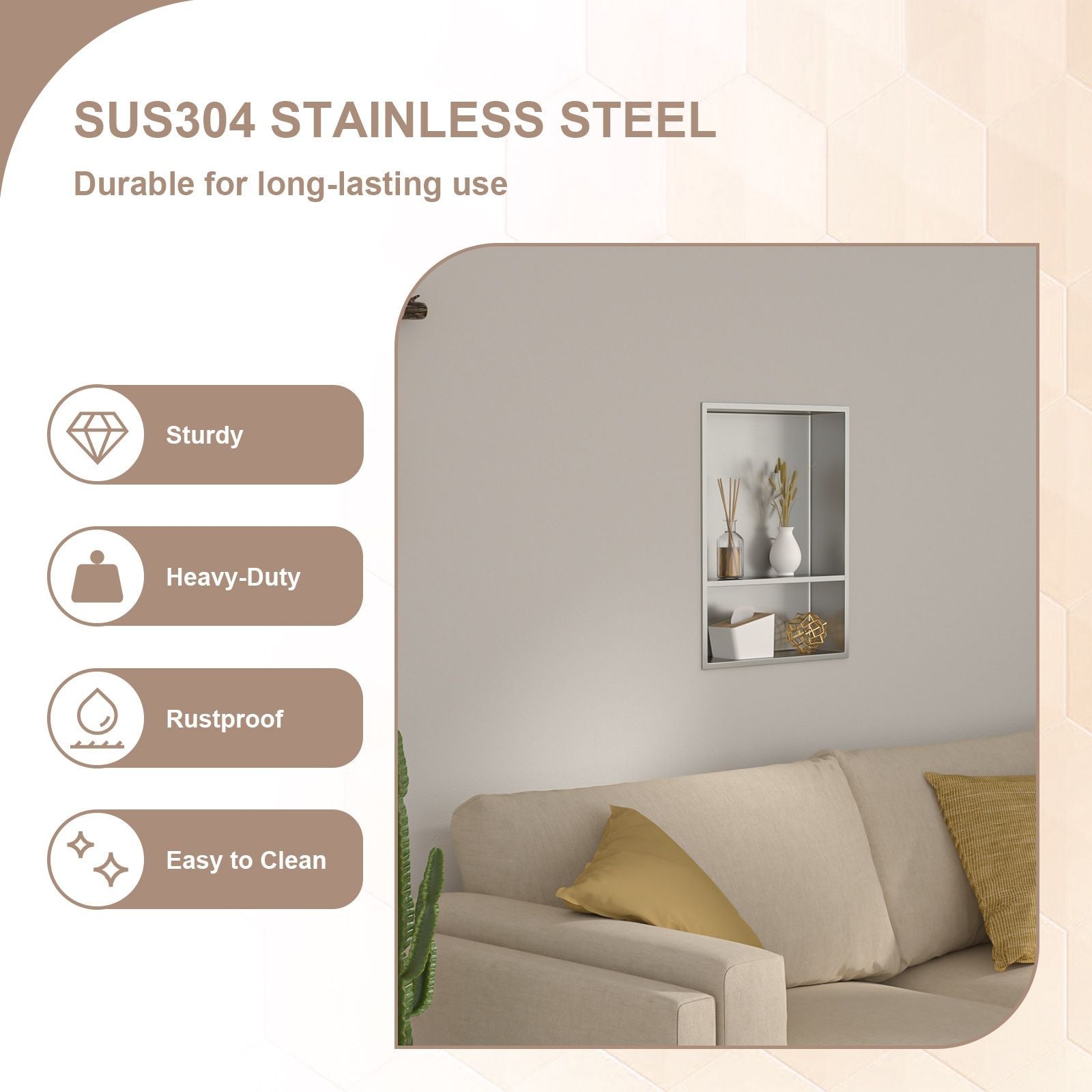 Brushed Stainless Steel Wall Shower  Niche , Double Recessed Shower Shelf for Bathroom