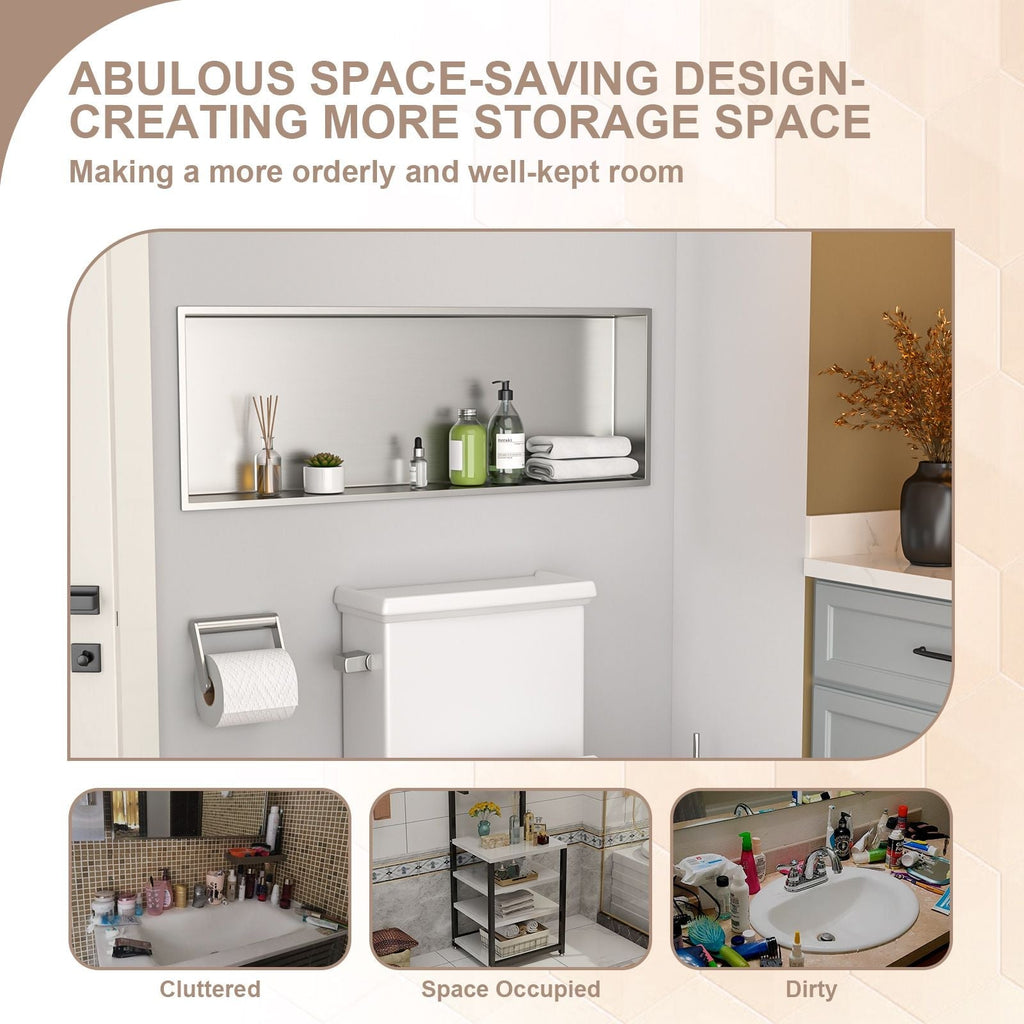 Brushed Stainless Steel Wall Shower  Niche , Double Recessed Shower Shelf for Bathroom