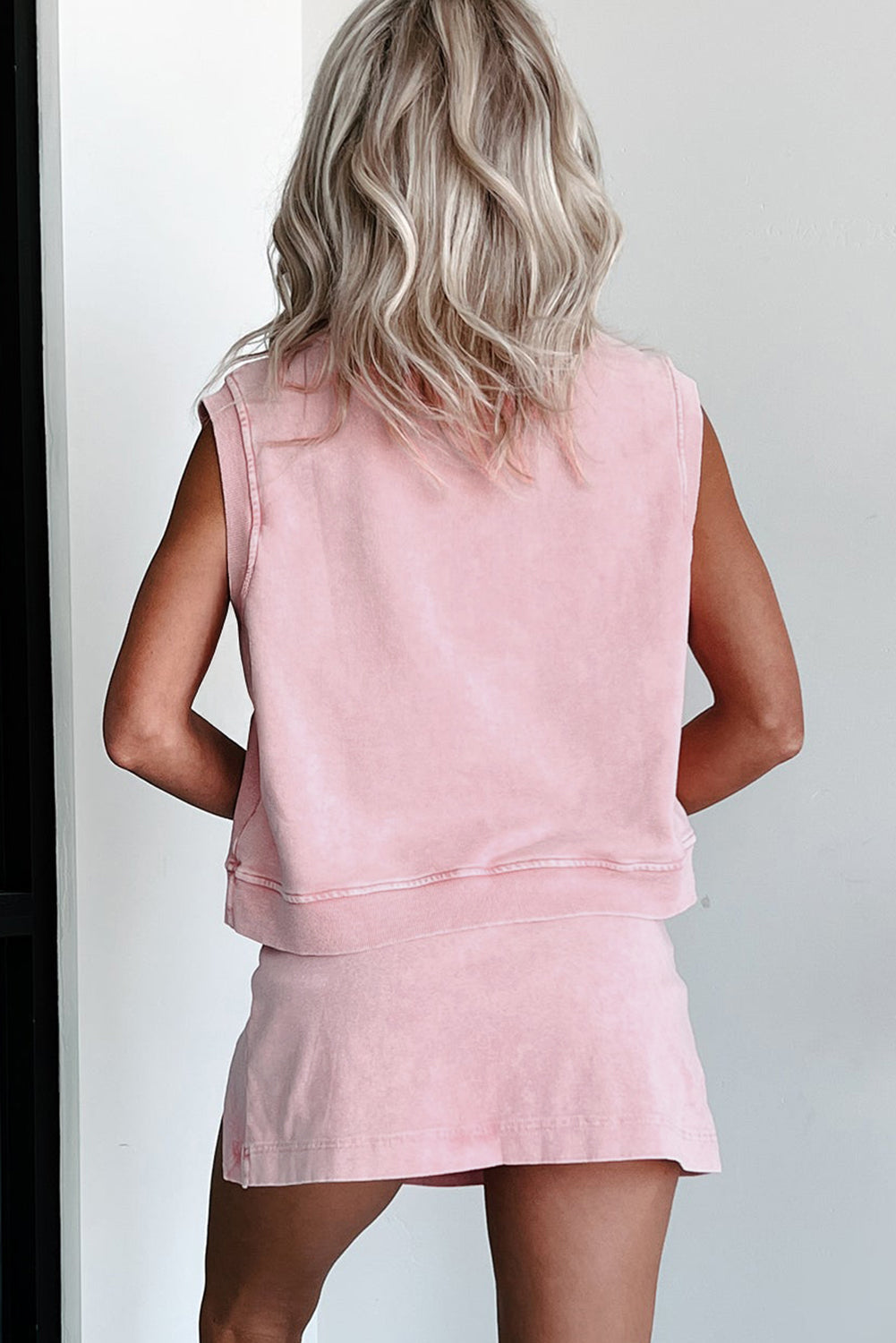 Light Pink 2 Pieces Mineral Wash Cotton Tank Top Lined Split Skirt Set