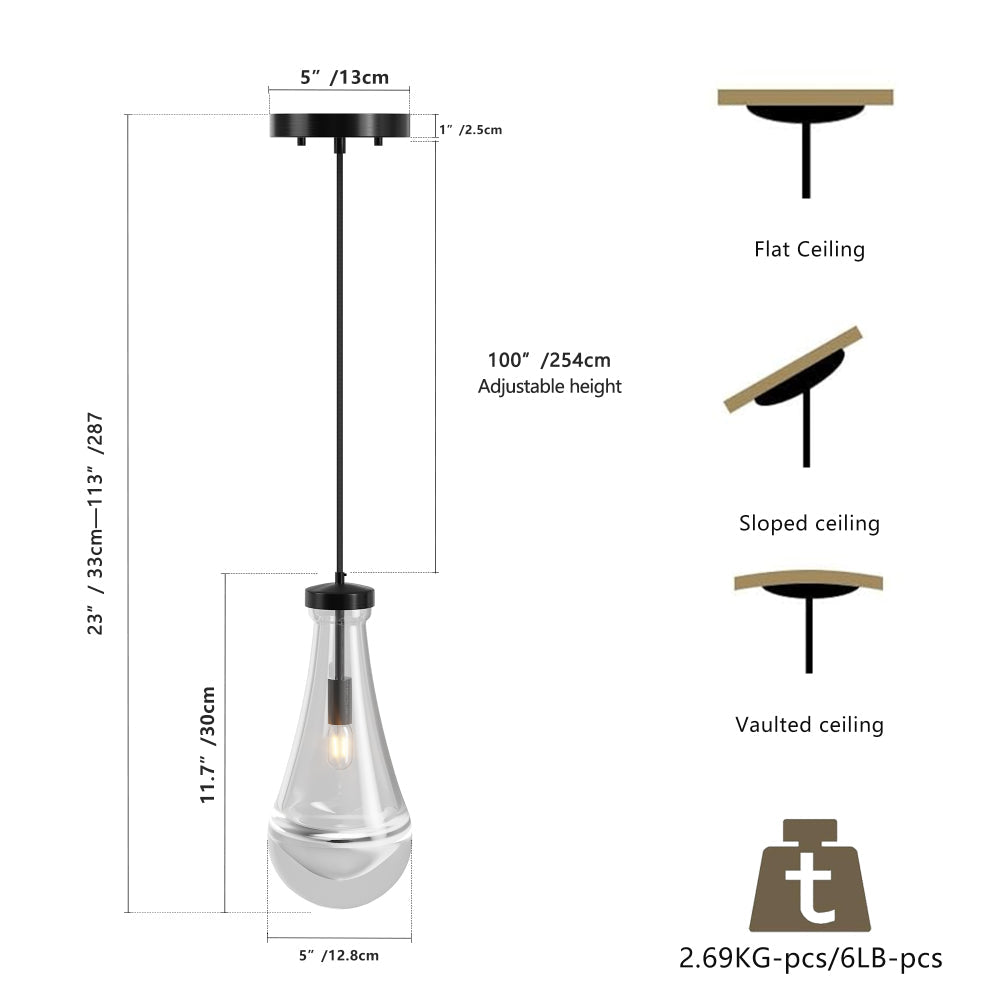 Raindrop Pendant Light – Hand-Blown Clear Glass Shade & Brass/Black Rod | Kitchen Island, Dining Room & Entryway