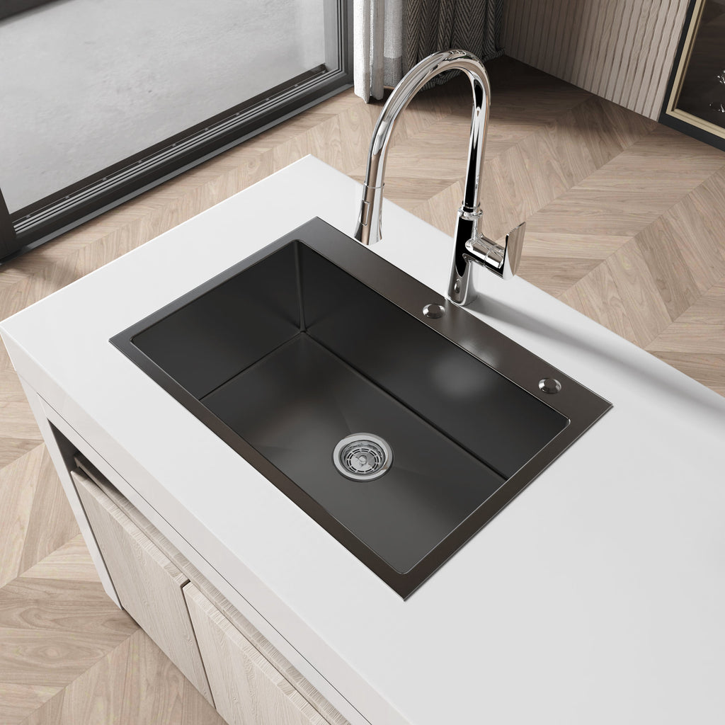 Stainless Steel Kitchen Sink, 27″x19″ Single Bowl, Overmount Handmade Sink in Black, with US Standard Drain and Hook, LS-SSBL01