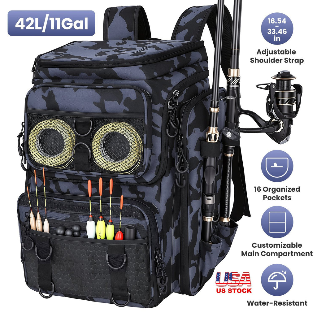 42L/11Gal Fishing Backpack Large Capacity Fishing Tackle Storage Bag with Rod Holders 16-Pocket Water-Resistant with Divider Adjustable Padded Straps