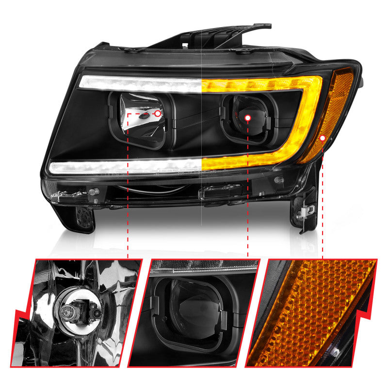ANZO 11-13 Jeep Grand Cherokee (Factory Halogen Only) Projector Headlights w/Light Bar Swtchbk Black 111568