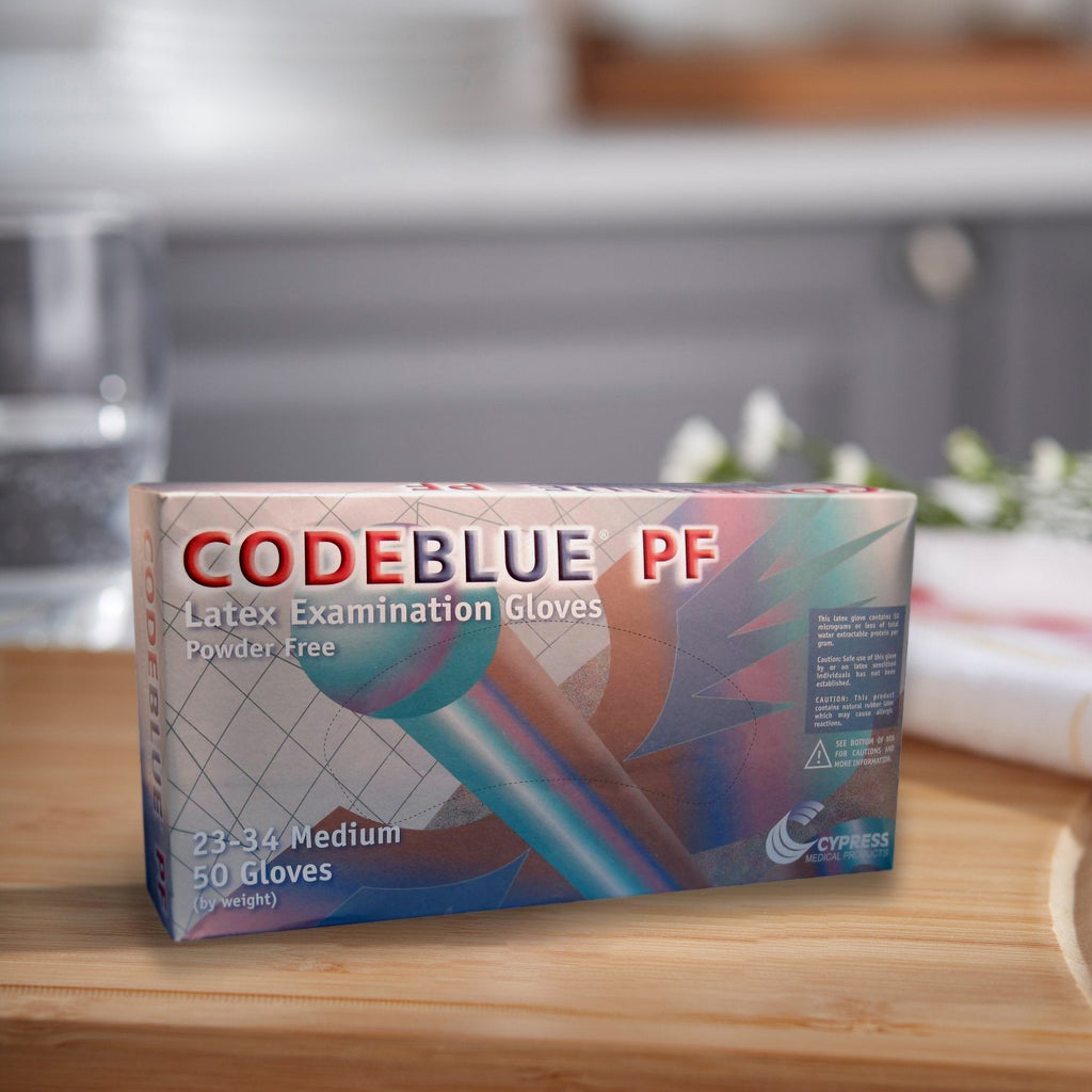 CodeBlue® PF Latex Extended Cuff Length Exam Glove, Medium, Blue 23-34
