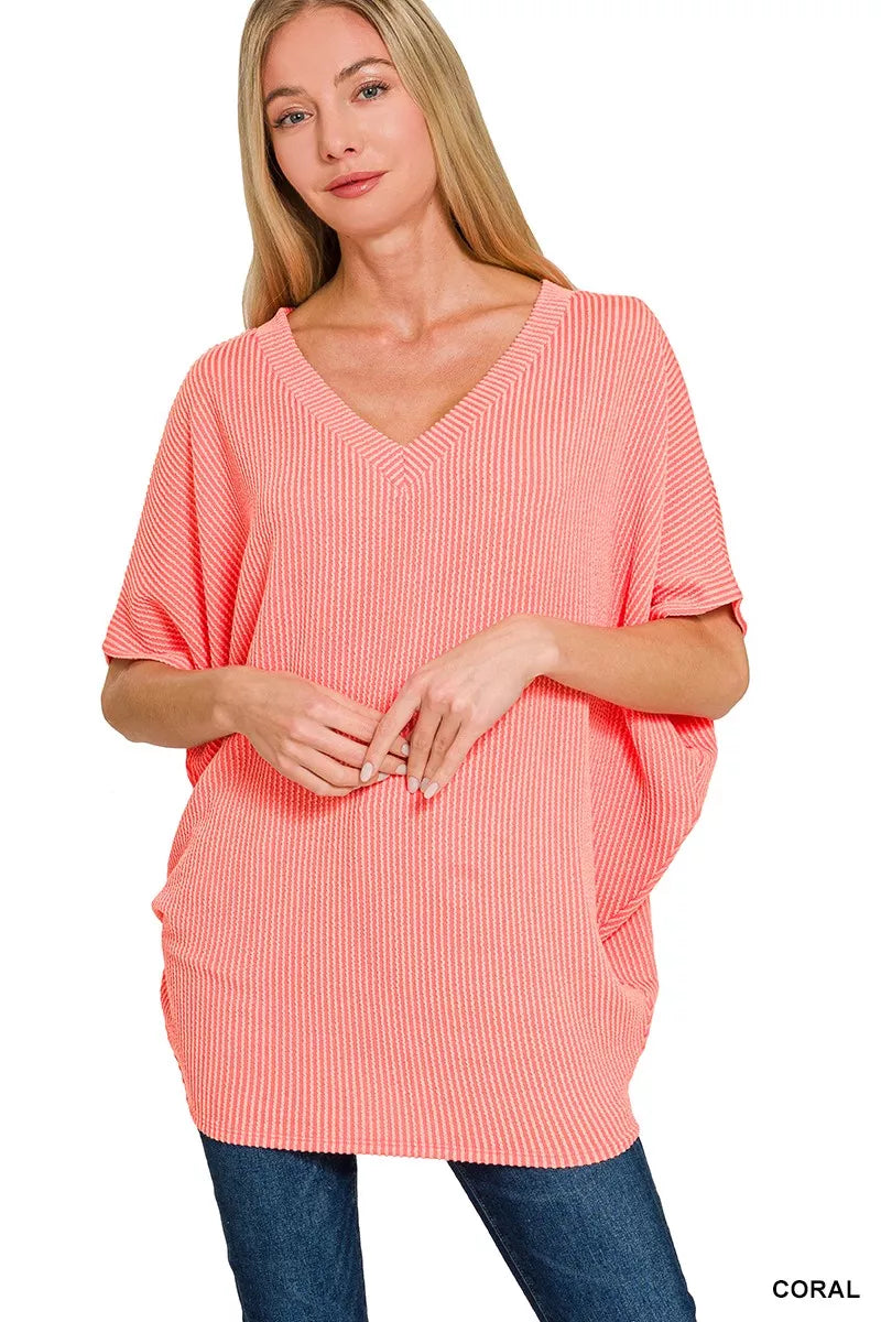 Zenana Raised Rib V-Neck Batwing Top