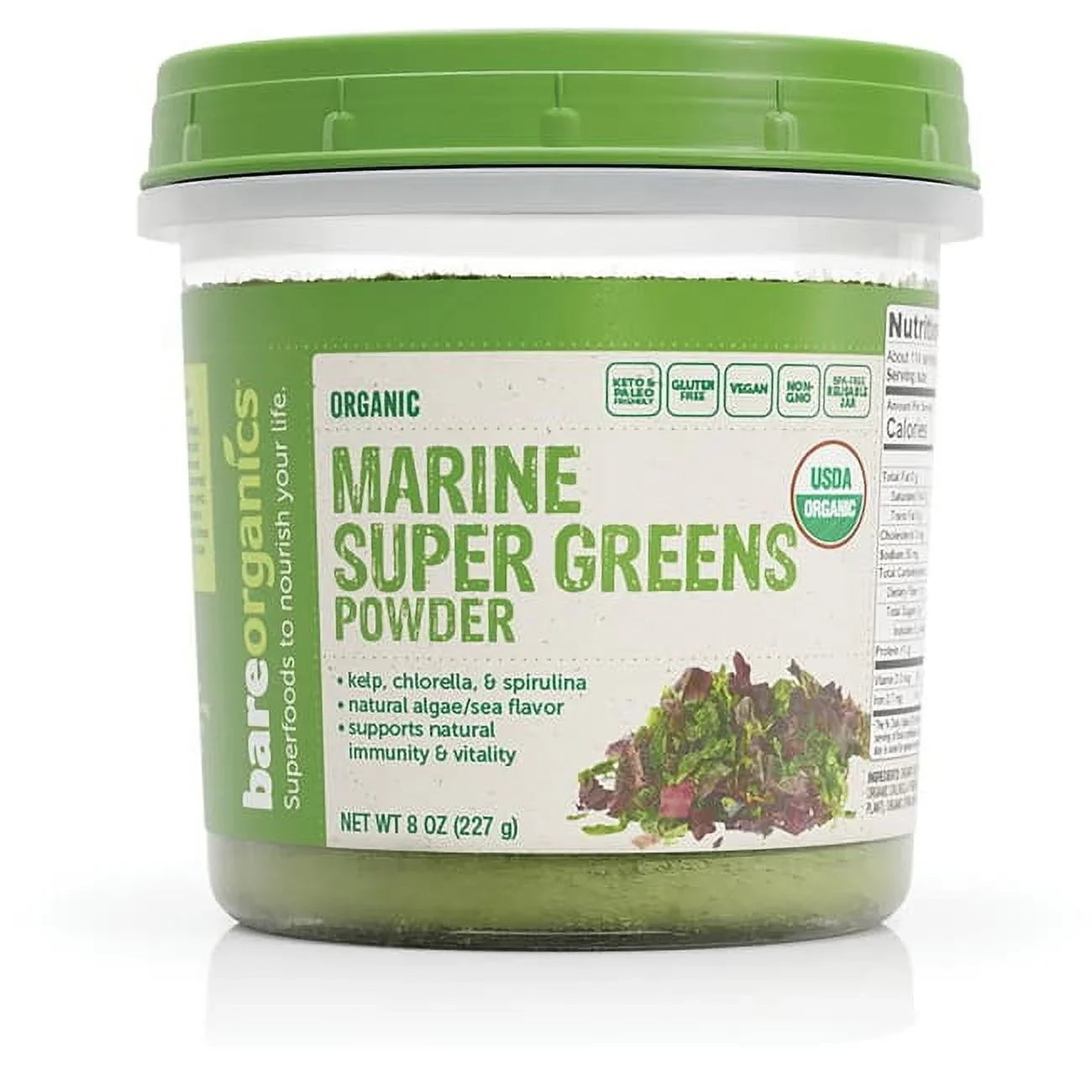 Bare Organics - Marine Super Greens Blend, 8 oz - Organic Spirulina Chlorella Kelp